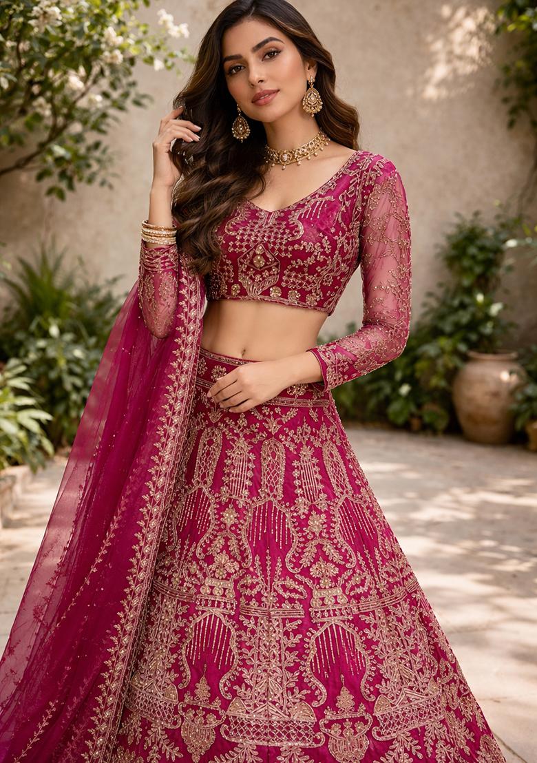 Magenta Embroidered Net Lehenga Set - Indya