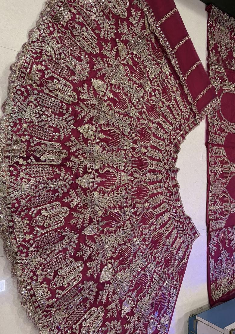 Magenta Embroidered Net Lehenga Set - Indya