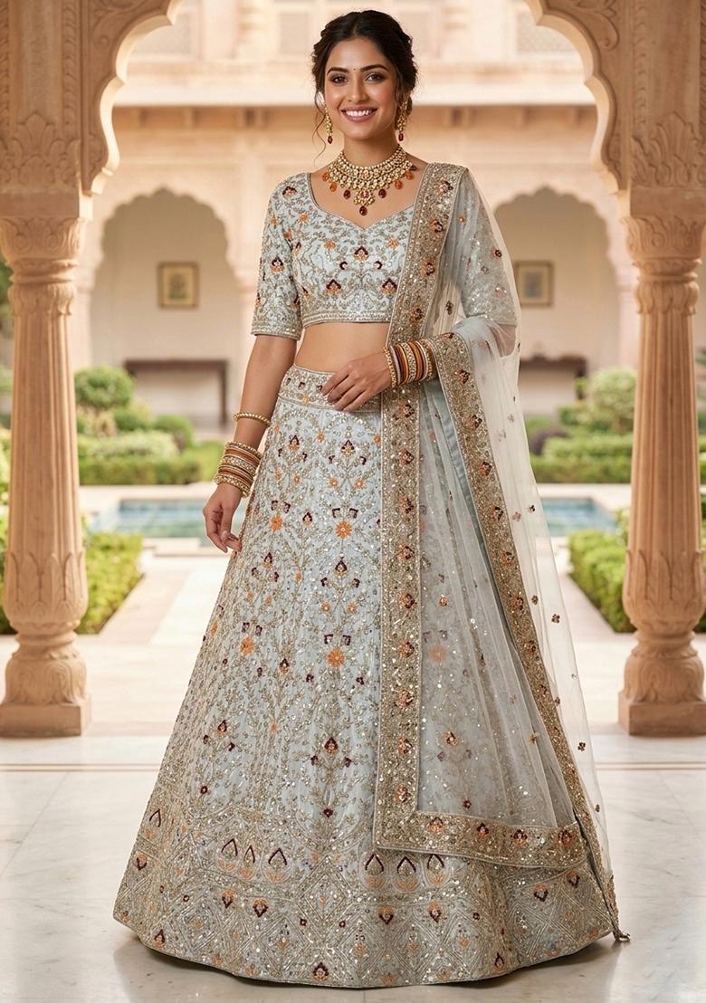 Light Grey Embroidered Silk Lehenga Set - Indya