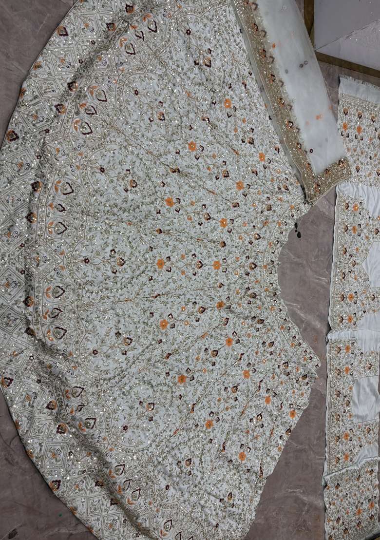 Light Grey Silk Lehenga Set with Embroidered for Diwali | Wedding & Festive Wear - Indya