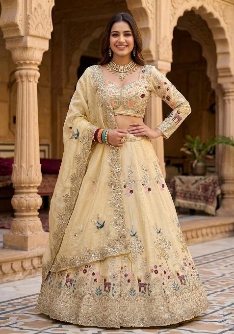 Light Yellow Embroidered Silk Lehenga Set