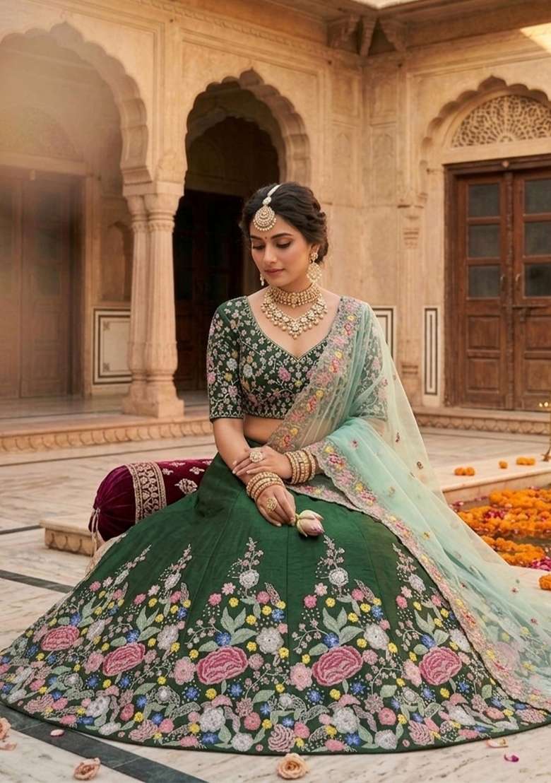 Green Silk Lehenga Set with Embroidered for Diwali | Wedding & Festive Wear - Indya
