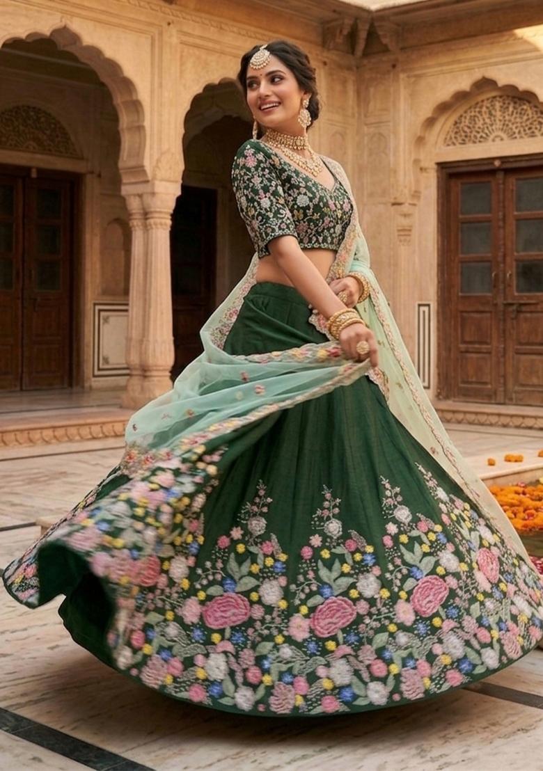 Green Embroidered Silk Lehenga Set - Indya