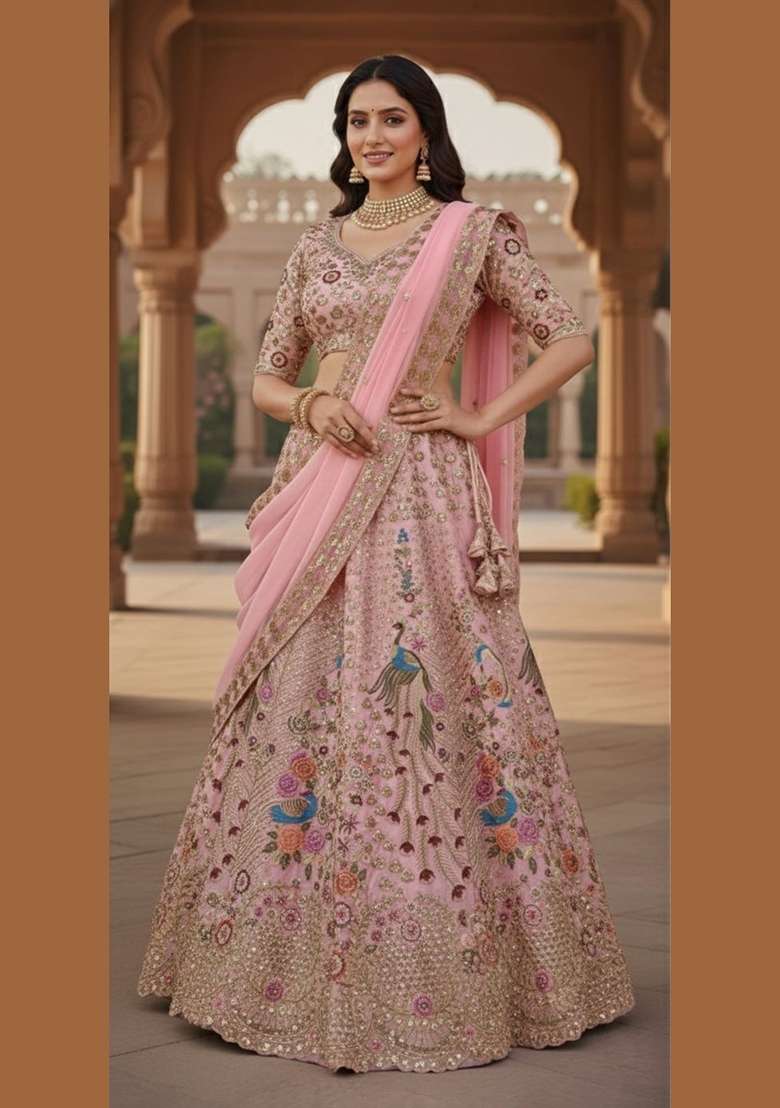 Pink Georgette Lehenga Set with Embroidered for Diwali | Wedding & Festive Wear - Indya