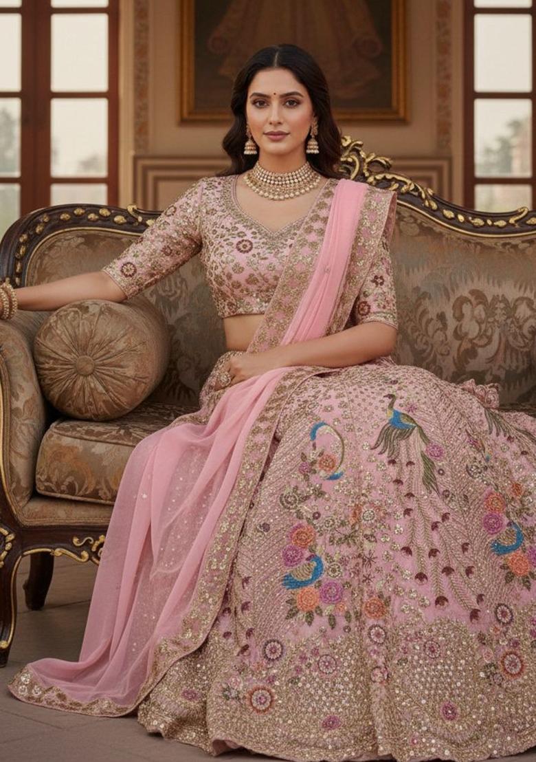 Pink Embroidered Georgette Lehenga Set - Indya