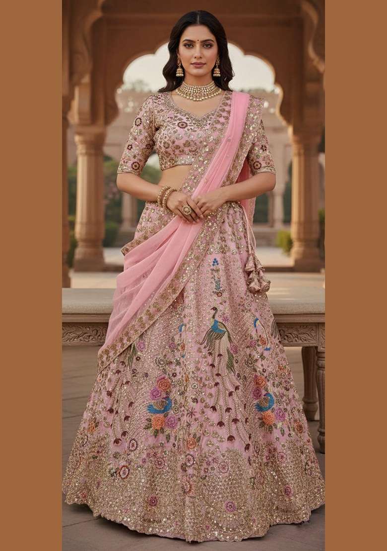 Pink Georgette Lehenga Set with Embroidered for Diwali | Wedding & Festive Wear - Indya