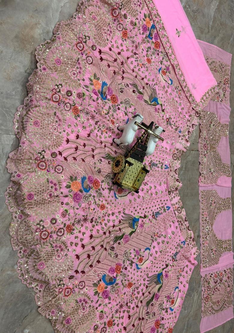 Pink Embroidered Georgette Lehenga Set - Indya