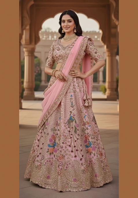 Pink Embroidered Georgette Lehenga Set