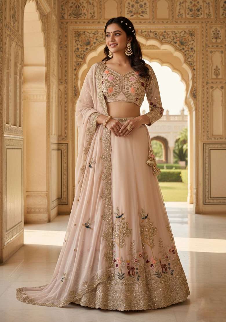 Cream Embroidered Georgette Lehenga Set for Diwali and Festive Wear - Indya