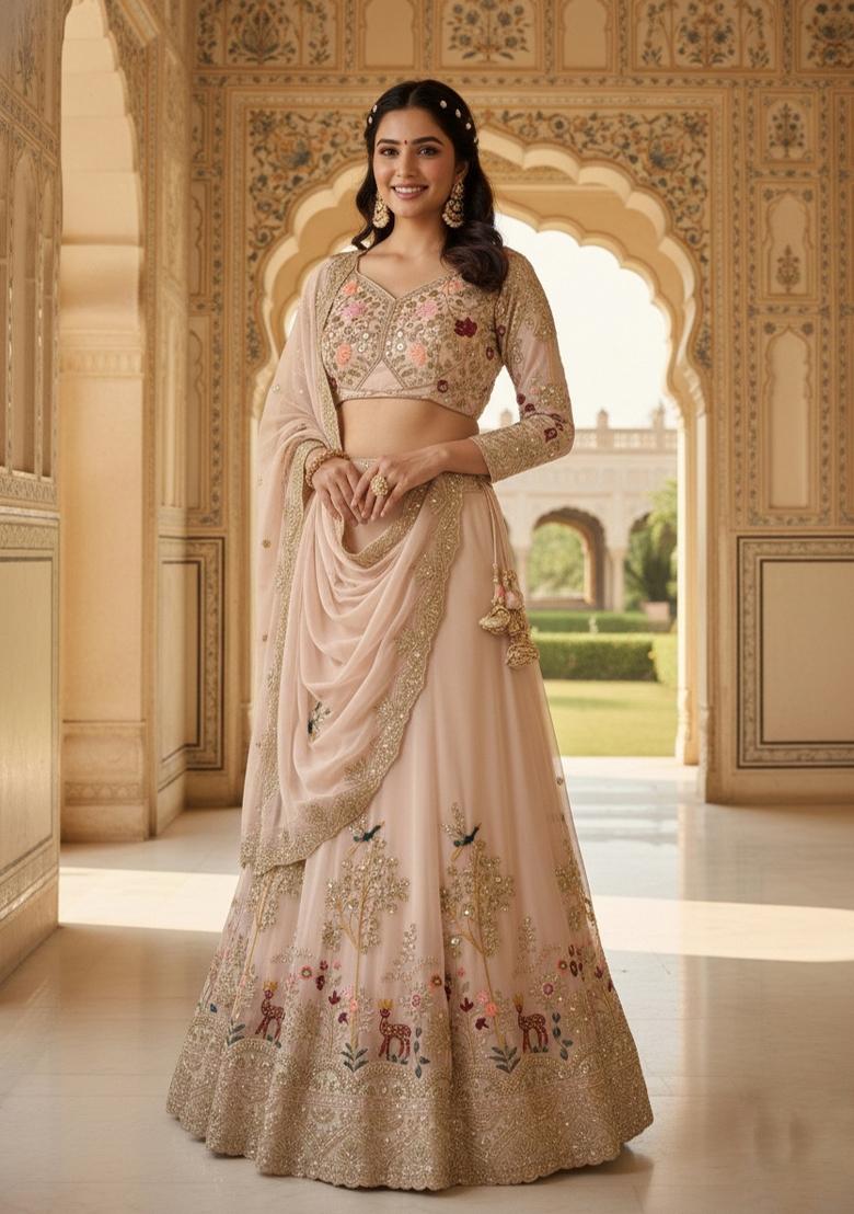 Cream Embroidered Georgette Lehenga Set - Indya