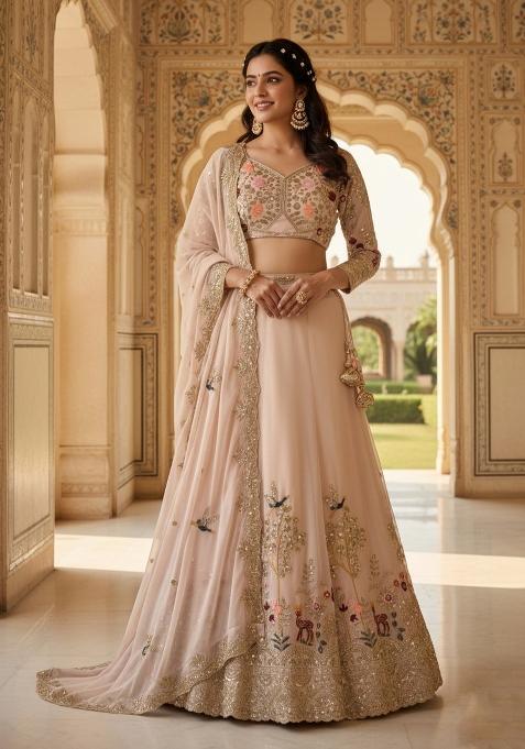 Cream Embroidered Georgette Lehenga Set