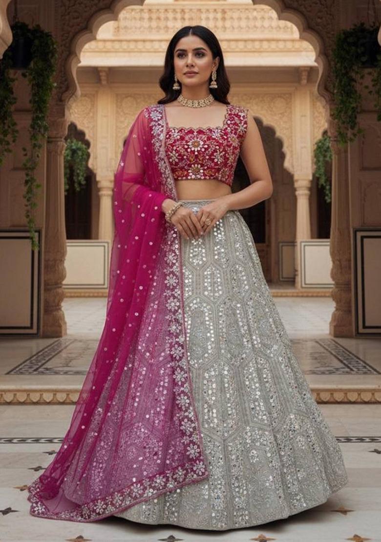 Pista Embroidered Georgette Lehenga Set - Indya