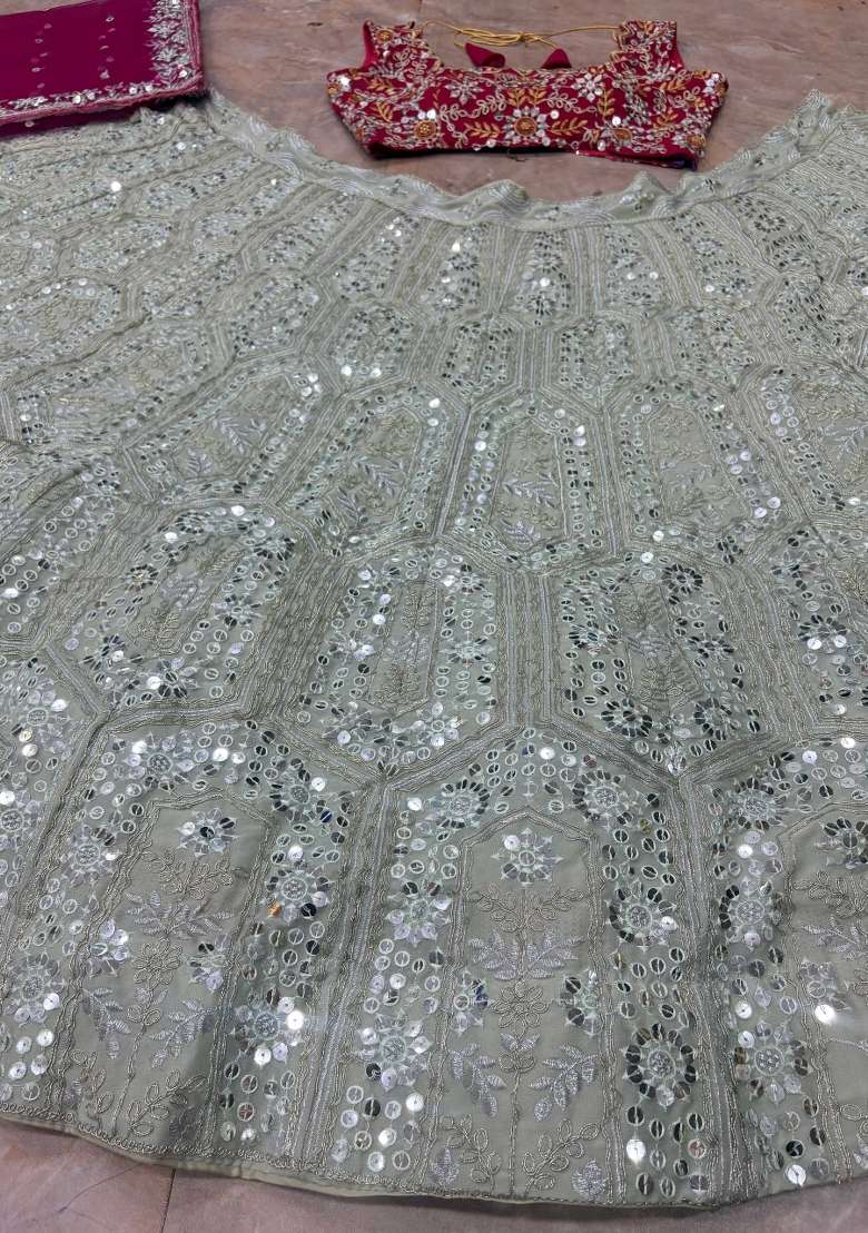 Pista Embroidered Georgette Lehenga Set for Diwali and Festive Wear - Indya