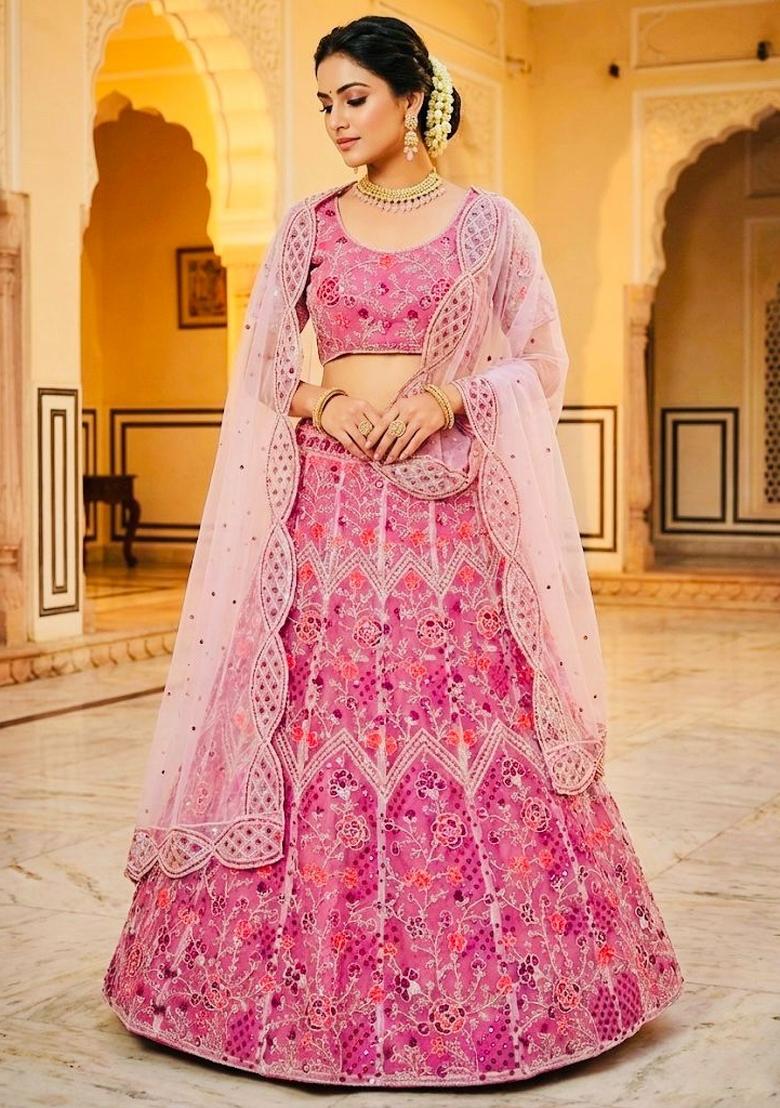 Pink Embroidered Net Lehenga Set - Indya