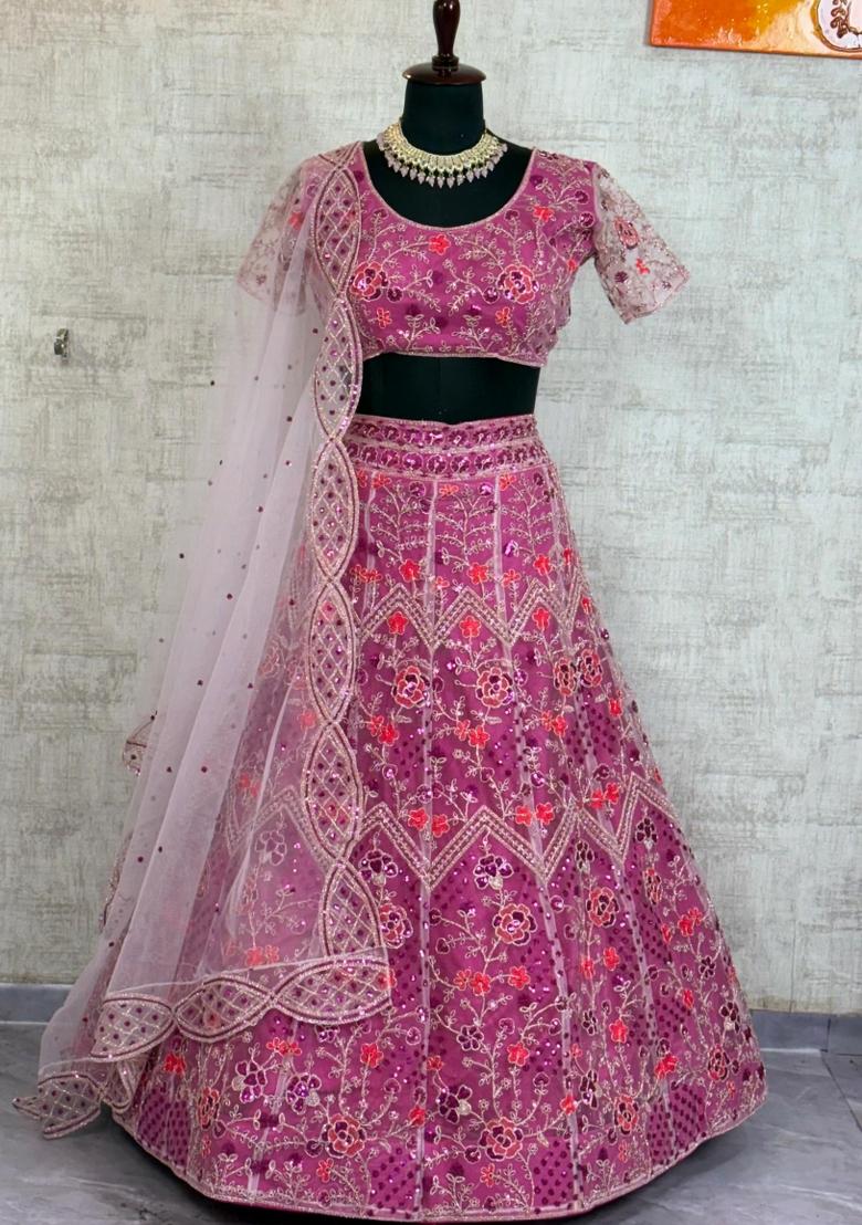 Pink Embroidered Net Lehenga Set - Indya
