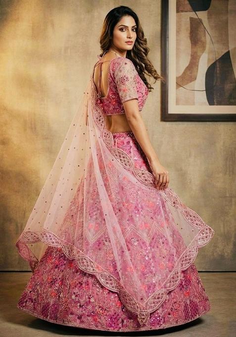 Pink Embroidered Net Lehenga Set