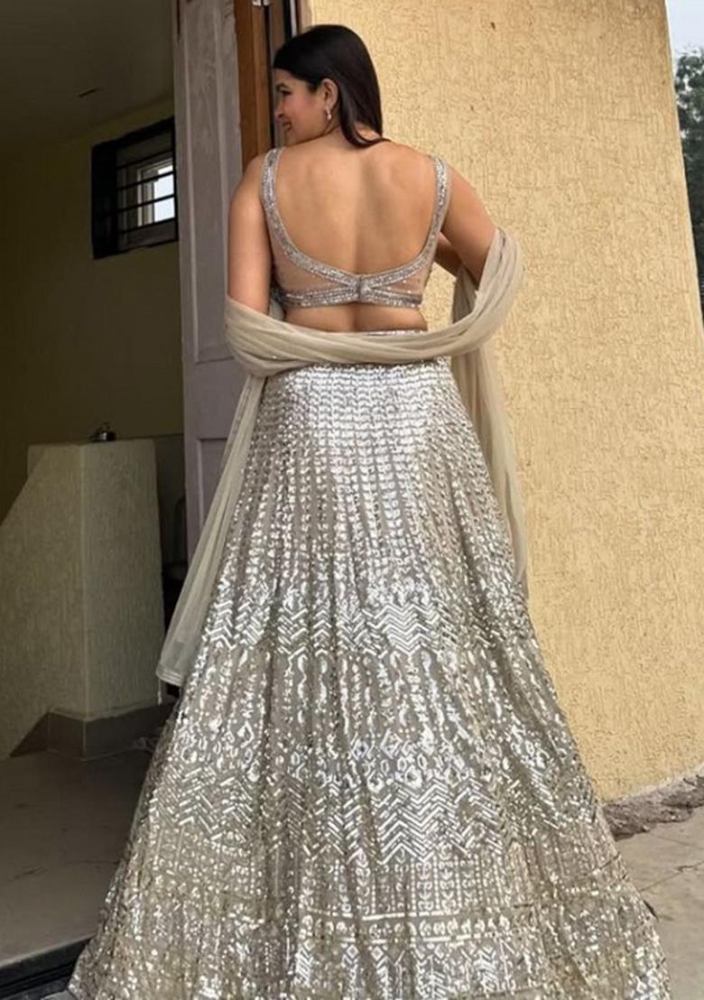 Grey Embroidered Georgette Lehenga Set - Indya