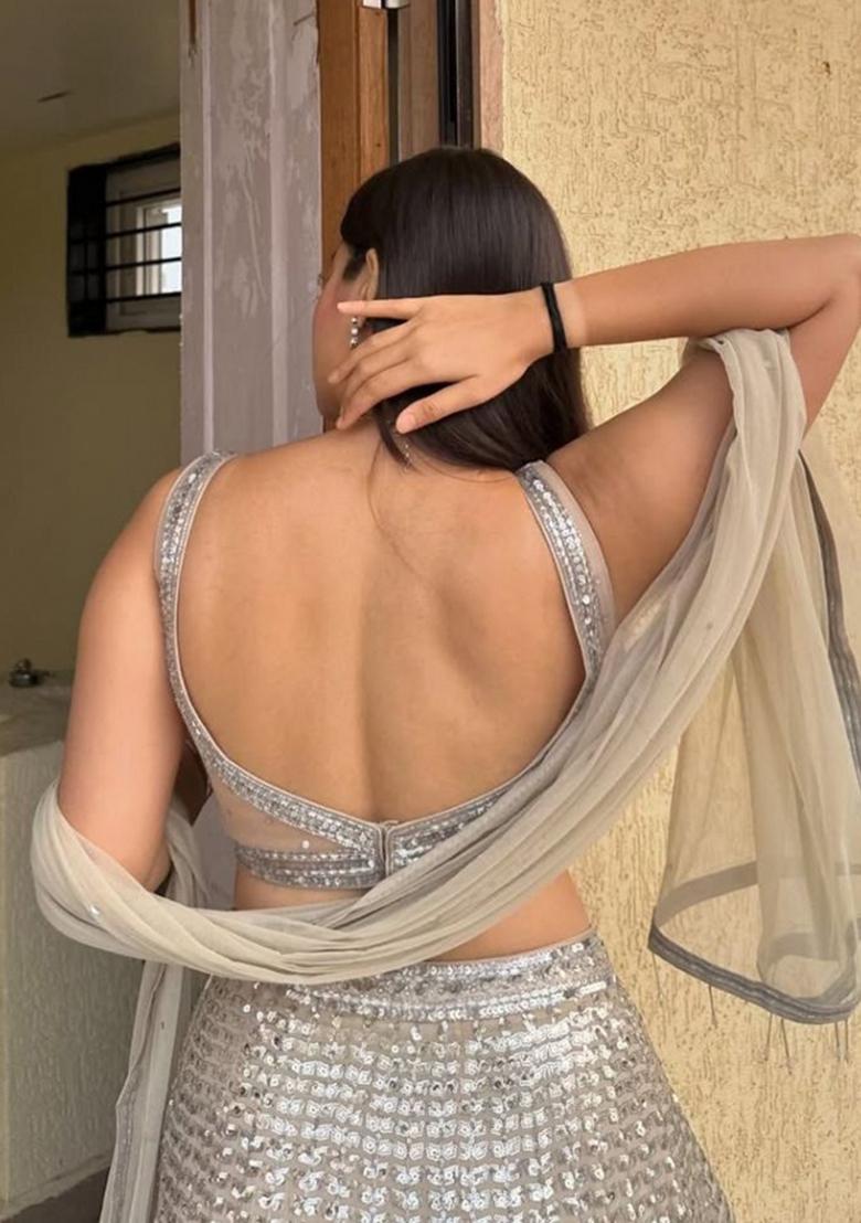 Grey Embroidered Georgette Lehenga Set - Indya