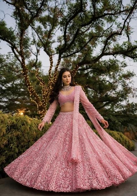 Pink Embroidered Net Lehenga Set