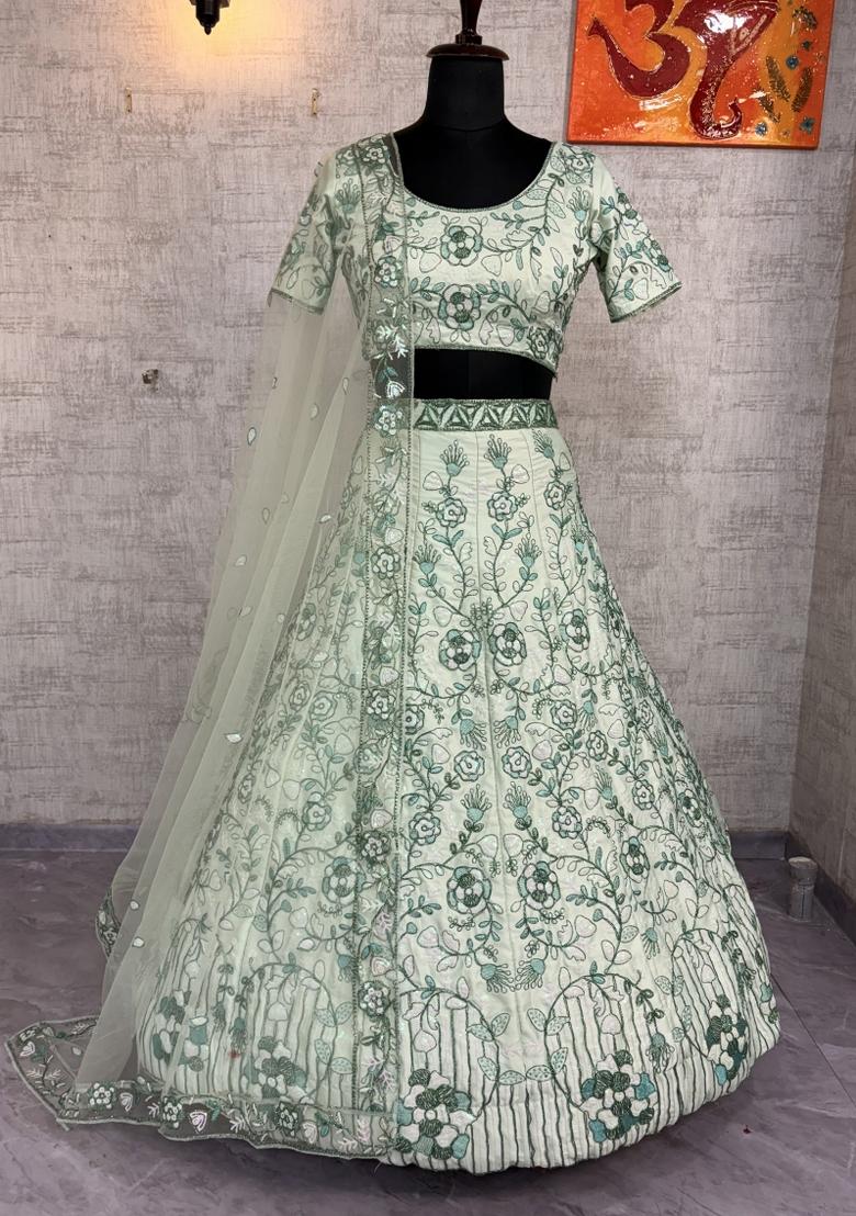 Pista Green Embroidered Silk Lehenga Set - Indya