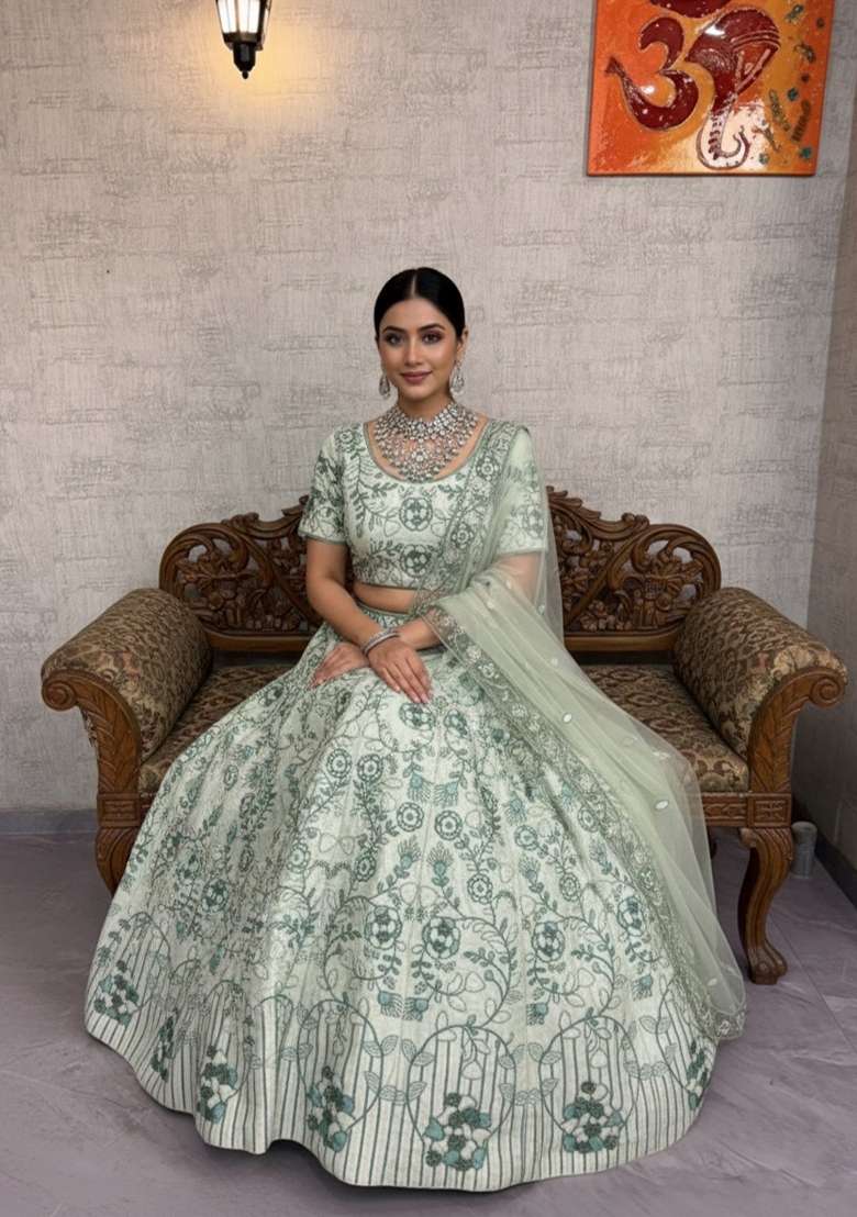 Pista Green Embroidered Silk Lehenga Set for Diwali and Festive Wear - Indya