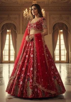 Red Embroidered Net Lehenga Set