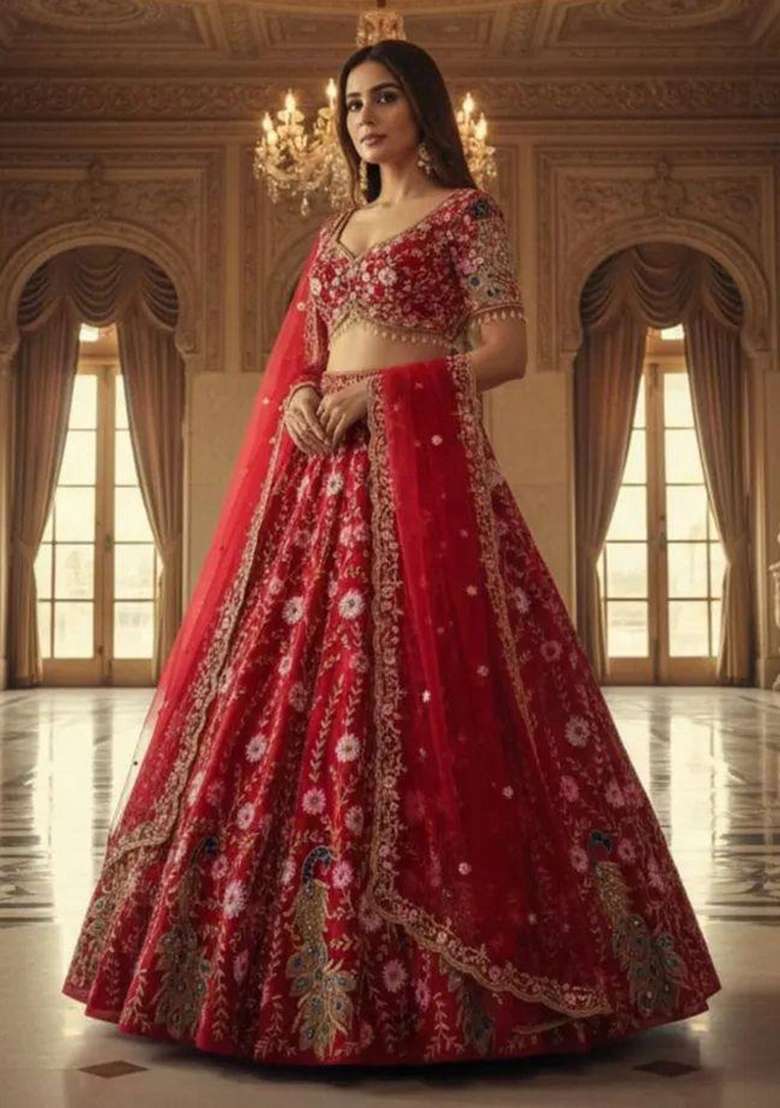 Red Embroidered Net Lehenga Set for Diwali and Festive Wear - Indya