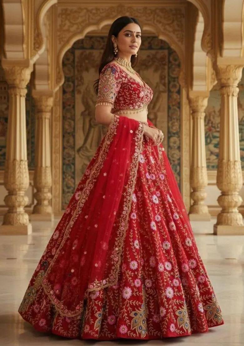 Red Embroidered Net Lehenga Set - Indya