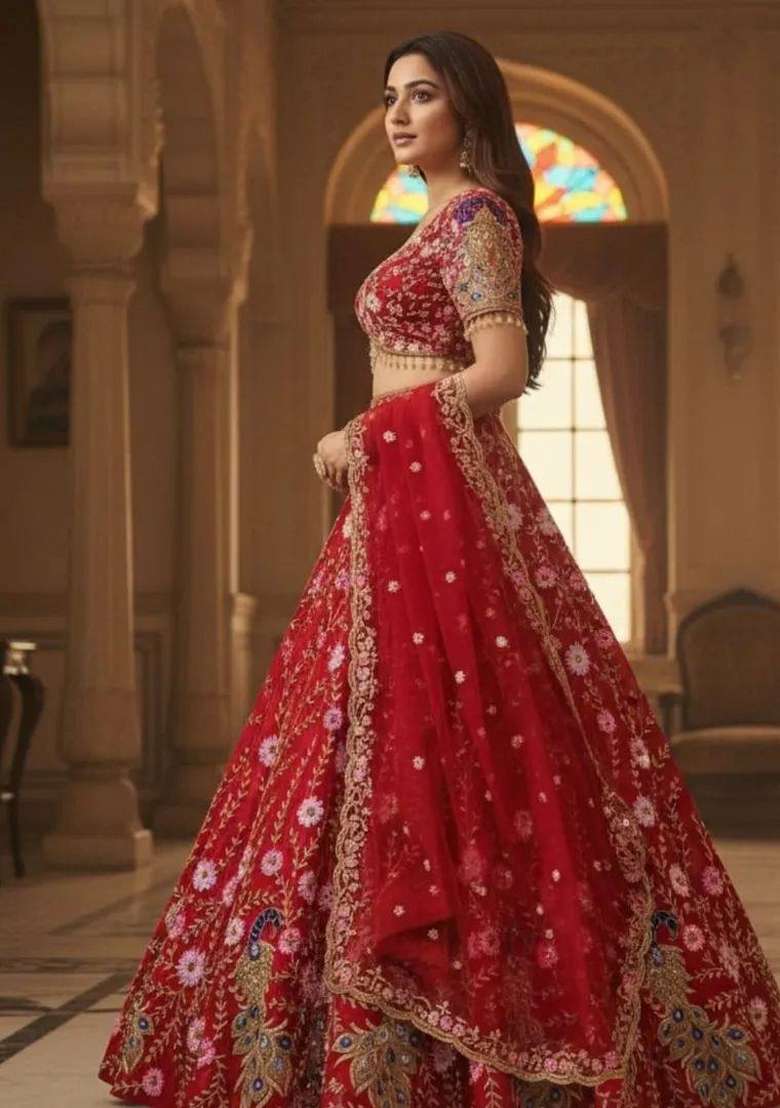 Red Embroidered Net Lehenga Set for Diwali and Festive Wear - Indya