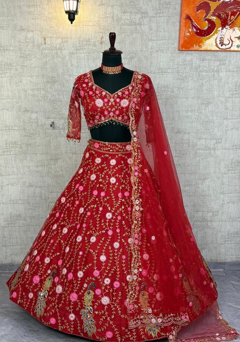 Red Embroidered Net Lehenga Set - Indya