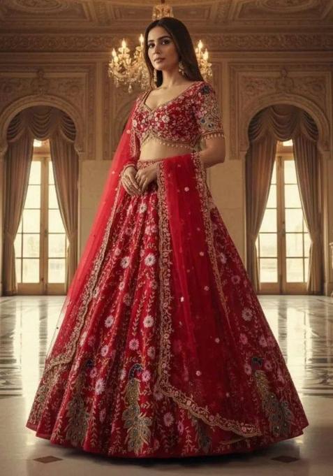 Red Embroidered Net Lehenga Set