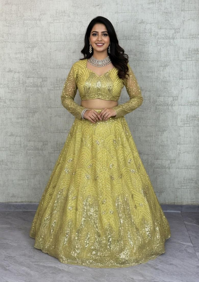 Pista Light Embroidered Net Lehenga Set - Indya
