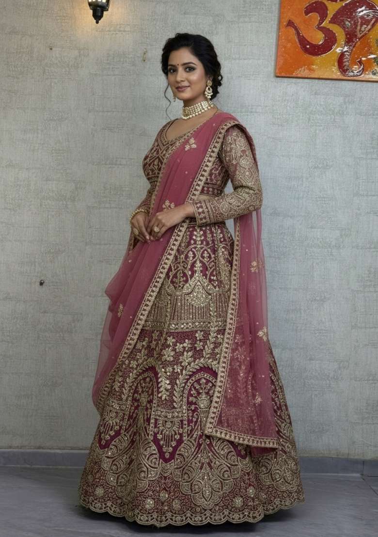 Magenta Net Lehenga Set with Embroidered for Diwali | Wedding & Festive Wear - Indya
