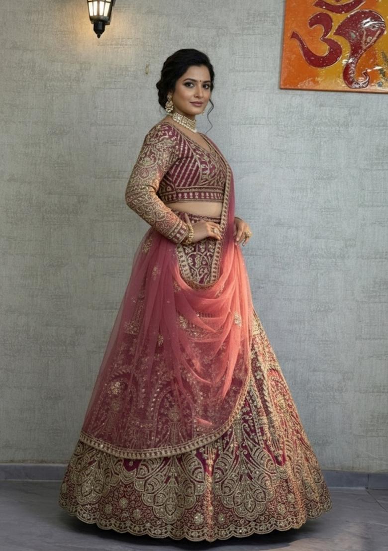 Magenta Embroidered Net Lehenga Set - Indya