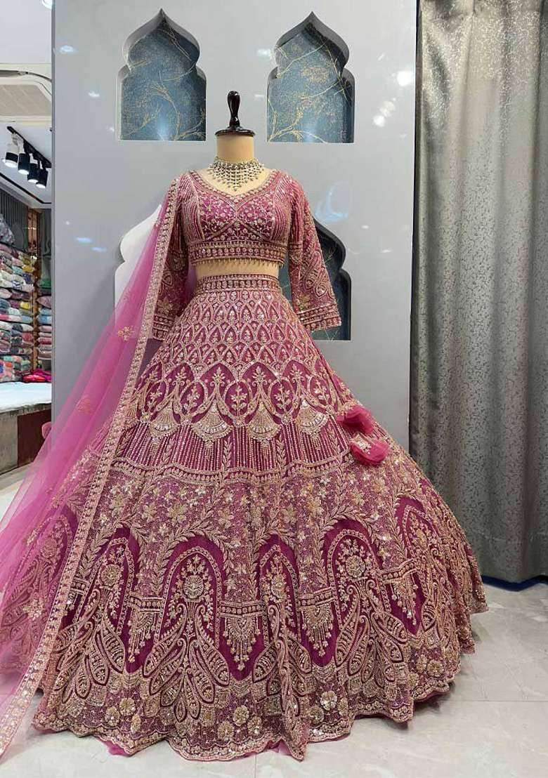 Magenta Net Lehenga Set with Embroidered for Diwali | Wedding & Festive Wear - Indya