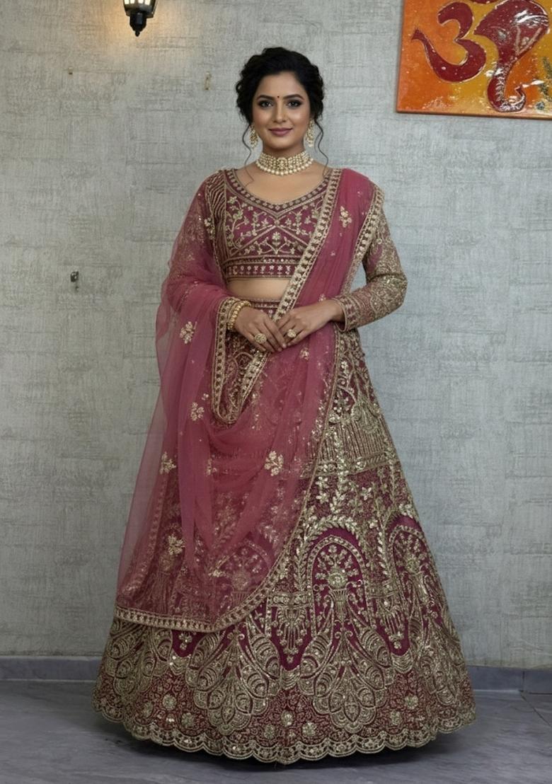 Magenta Embroidered Net Lehenga Set - Indya
