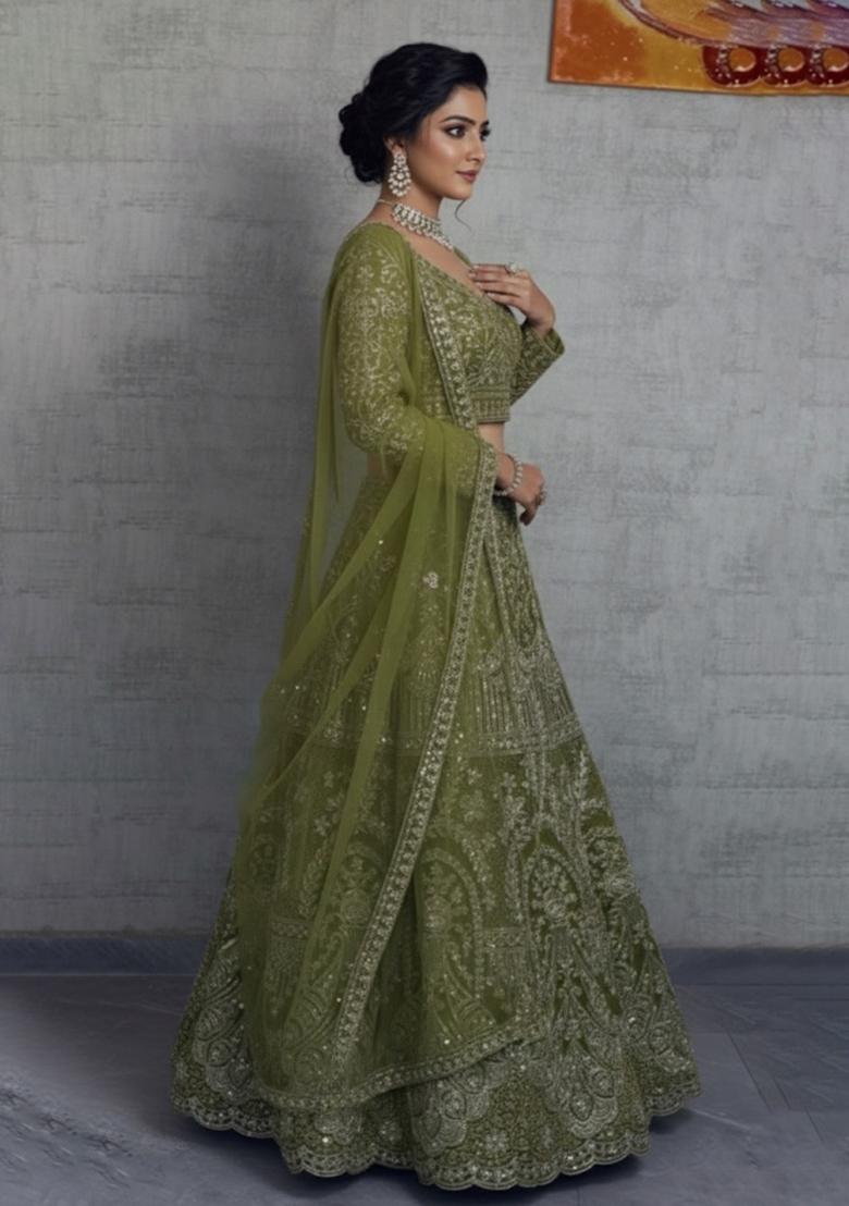 Mehendi Embroidered Net Lehenga Set - Indya