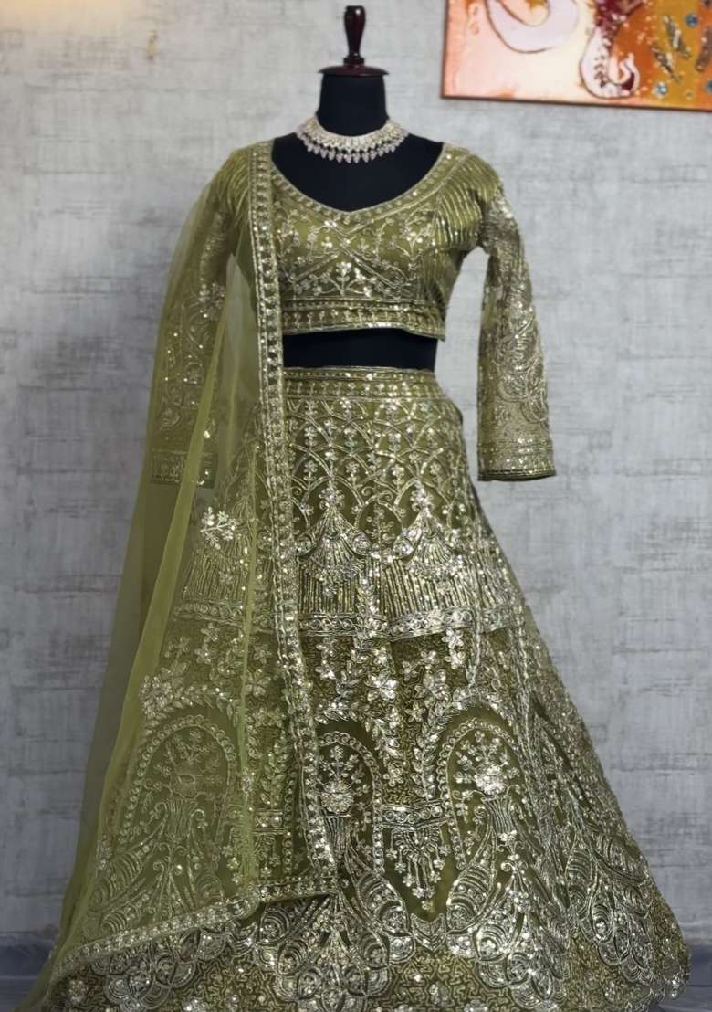 Mehendi Embroidered Net Lehenga Set for Diwali and Festive Wear - Indya