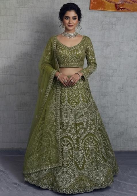 Mehendi Embroidered Net Lehenga Set