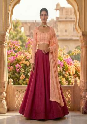 Rani Pink Silk Lehenga Set with Embroidered for Diwali | Wedding & Festive Wear