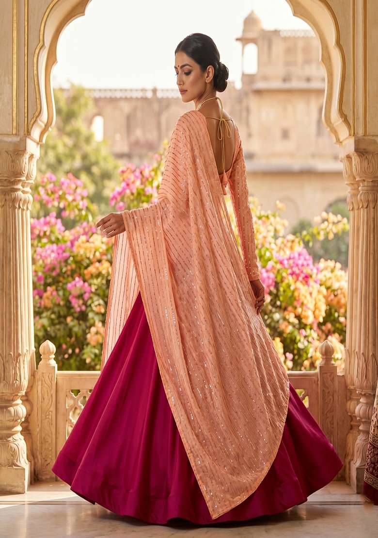 Rani Pink Silk Lehenga Set with Embroidered for Diwali | Wedding & Festive Wear - Indya