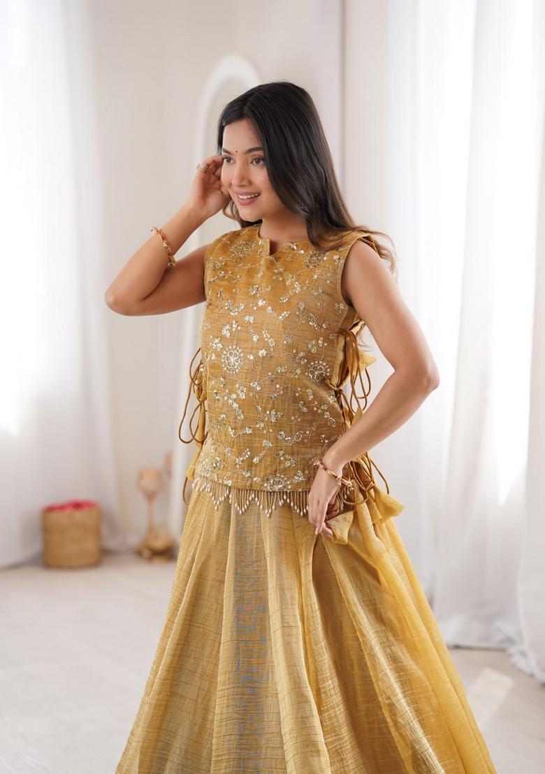 Mustard Embroidered Salsa Crush Lehenga Set - Indya