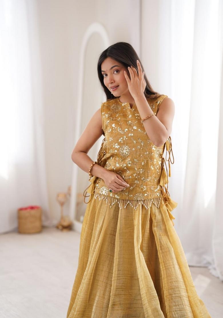Mustard Embroidered Salsa Crush Lehenga Set - Indya