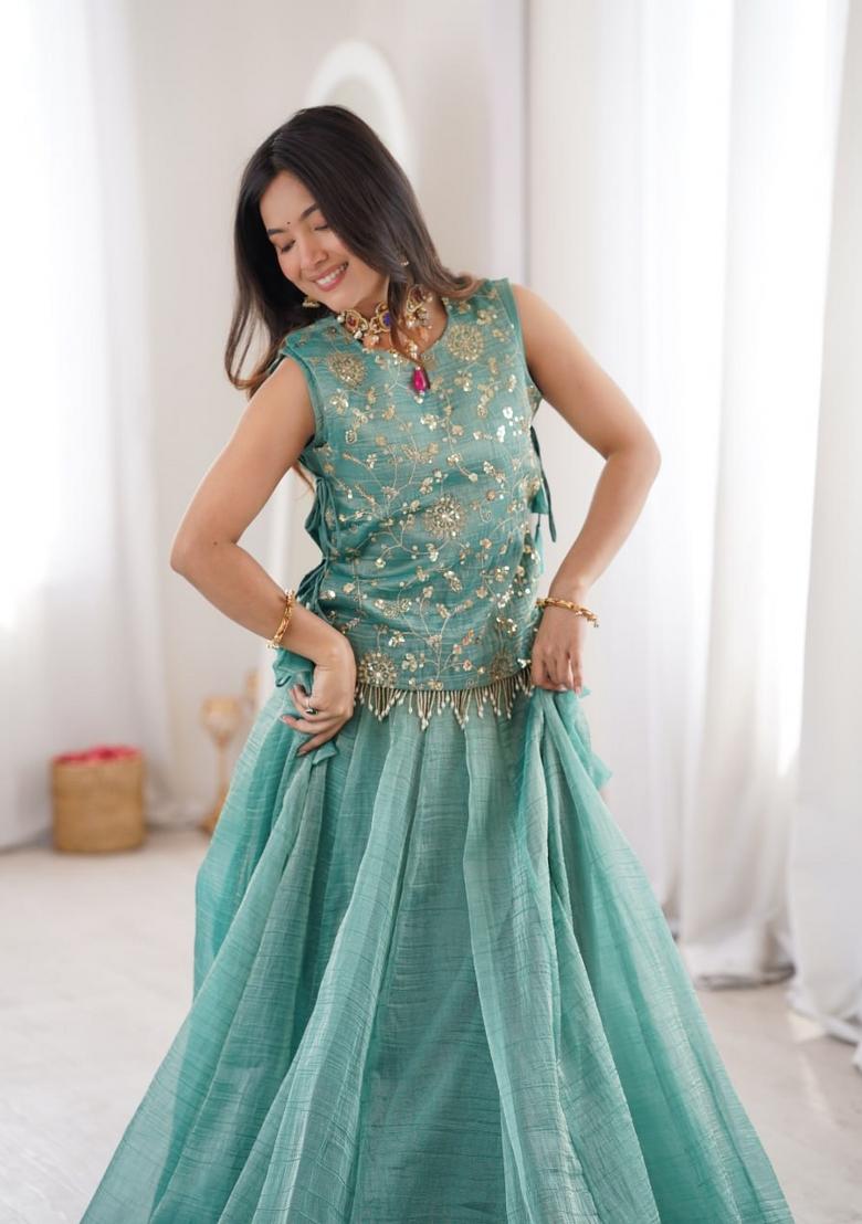 Teal Embroidered Salsa Crush Lehenga Set - Indya