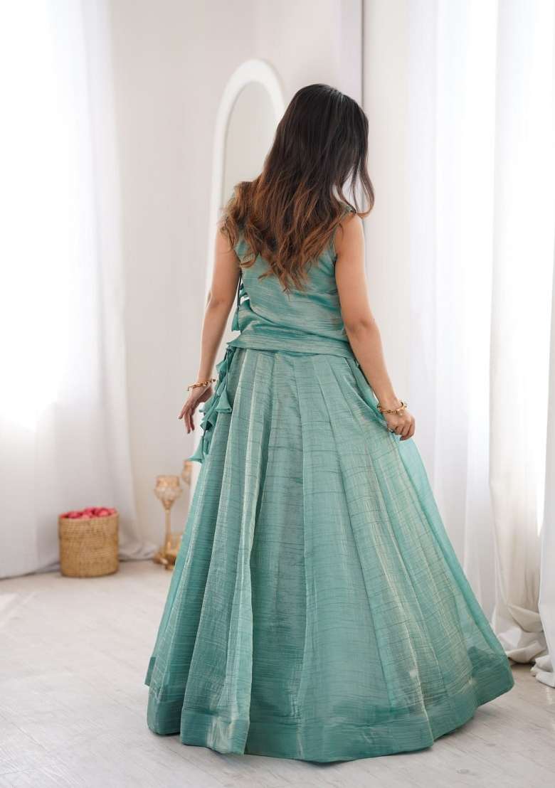 Teal Salsa Crush Lehenga Set with Embroidered for Diwali | Wedding & Festive Wear - Indya