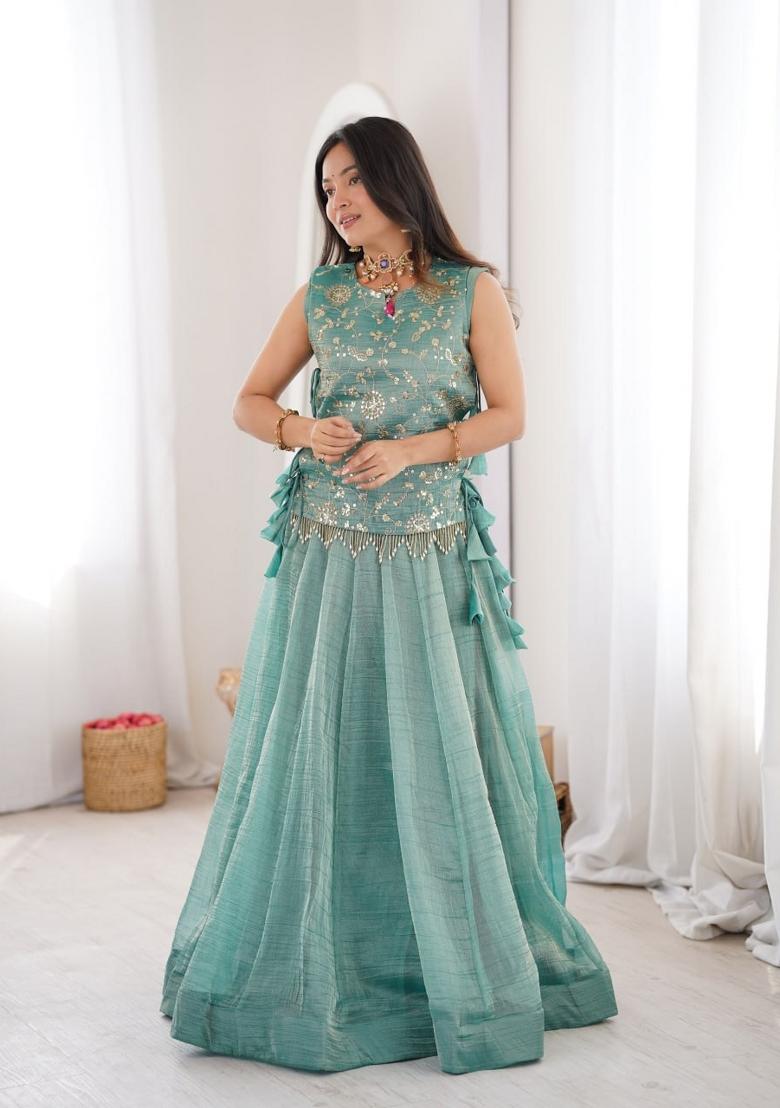 Teal Embroidered Salsa Crush Lehenga Set - Indya