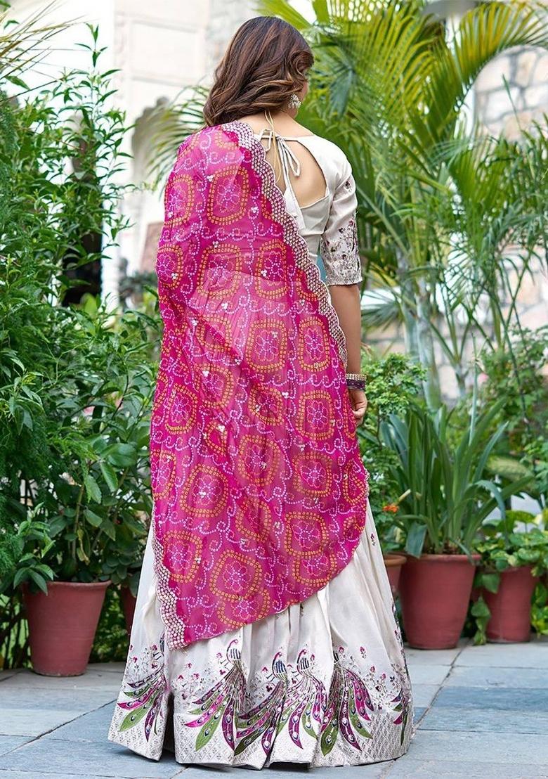 White Embroidered Chinon Lehenga Set - Indya