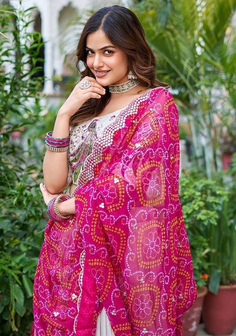White Chinon Lehenga Set with Embroidered for Diwali | Wedding & Festive Wear - Indya