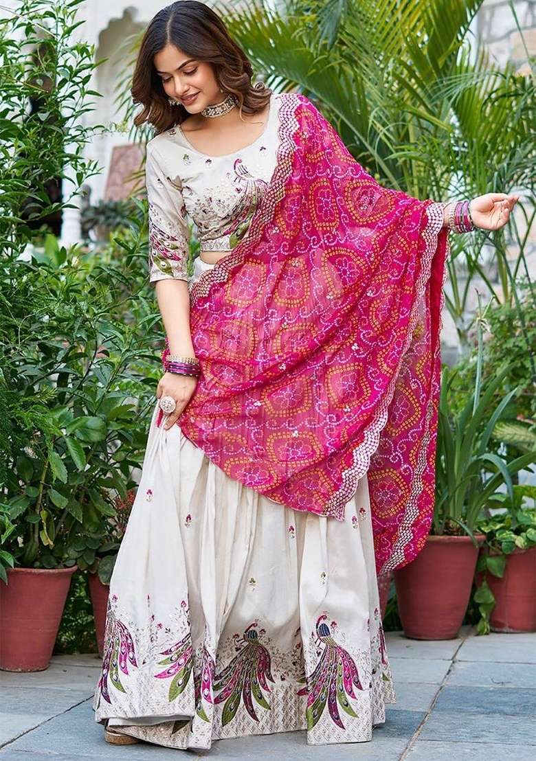 White Chinon Lehenga Set with Embroidered for Diwali | Wedding & Festive Wear - Indya