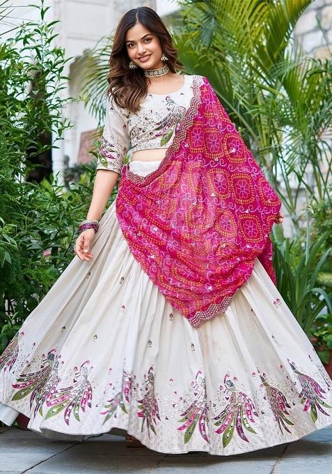 White Embroidered Chinon Lehenga Set